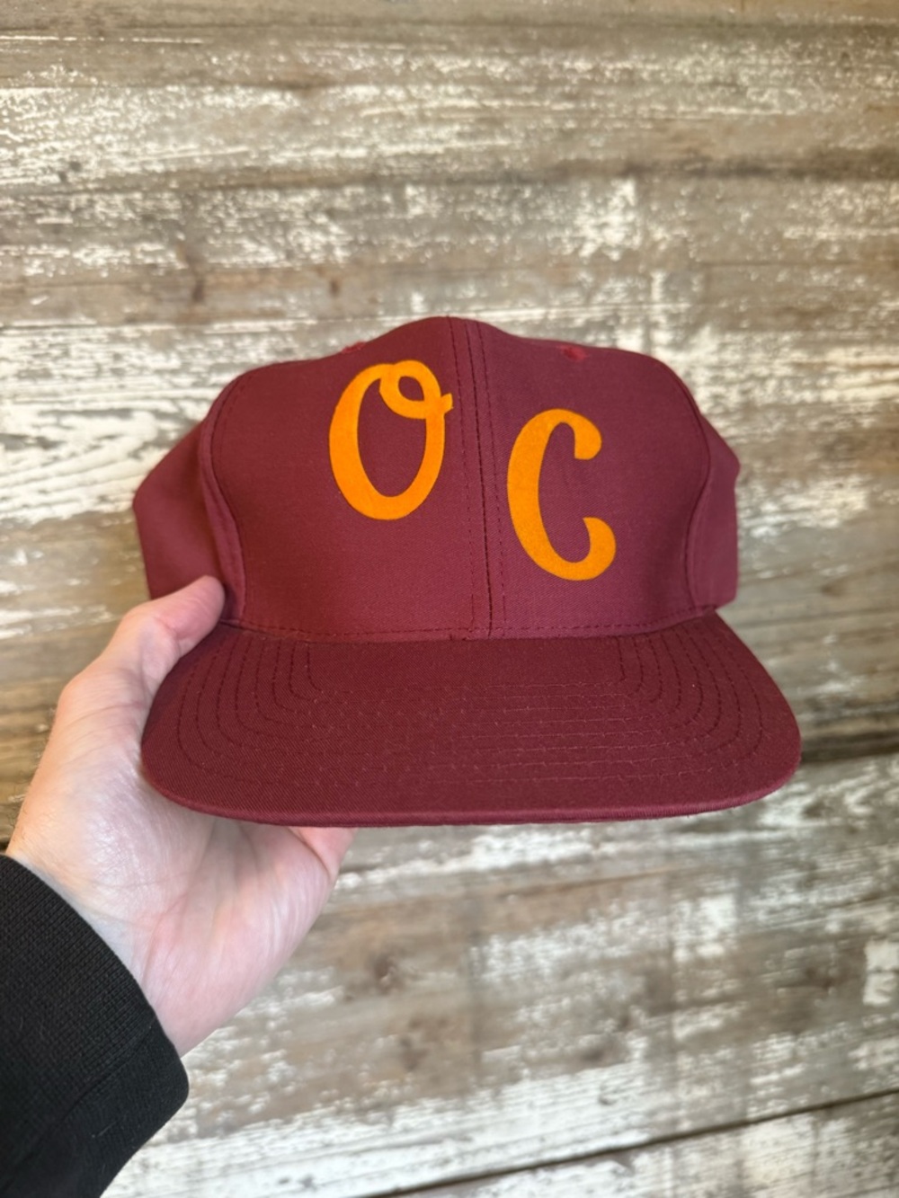 Vintage “Orange County” burgundy snapback hat, good shape